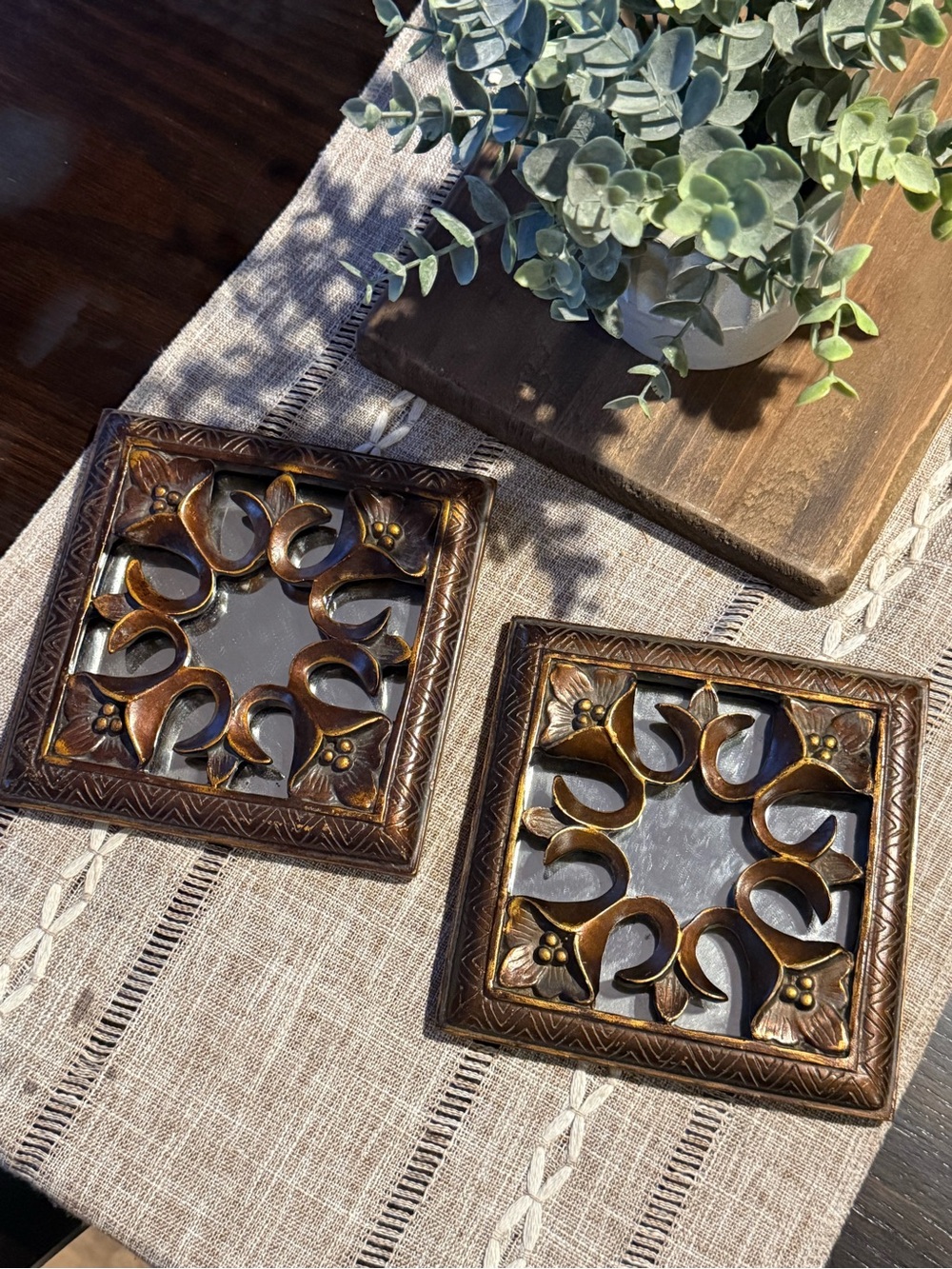 2-Bronze Color Mirrored Wall Plaques With Decorative  Floral Scrollwork